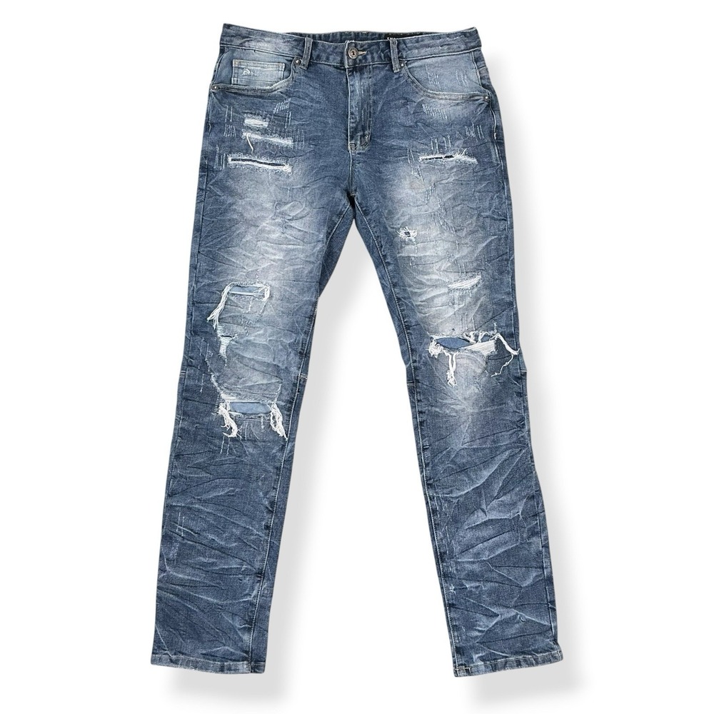 Smoke Rise Jeans Men 34x32 (ACTUAL 34x30.5) Blue Slim Fit Distressed Ripped NWD